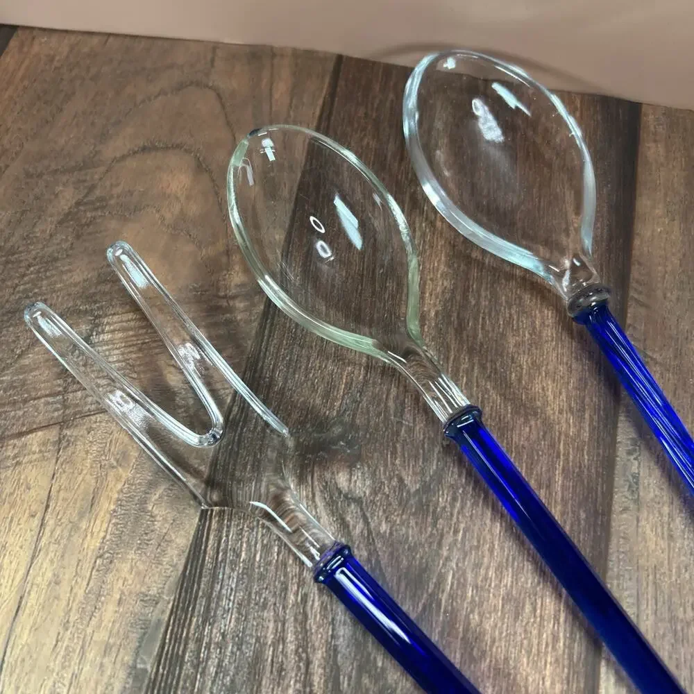 Set of 3 Vintage Czech Sapphire Blue Glass Serving Fork & Spoons 9.75
